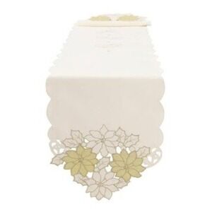 OWENIE Christmas Table Runner 70 Inch Embroidered Gold Glitter Poinsettia Ivory